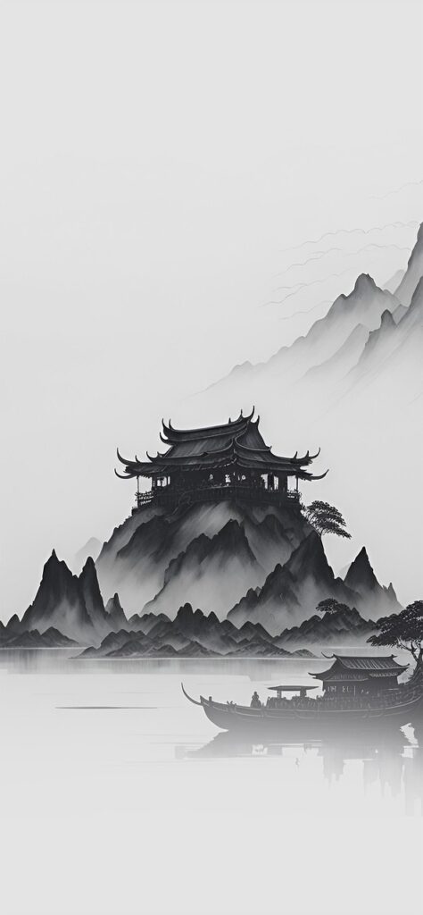 pagoda, lake, traditional chinese painting, nature, ink painting, landscape